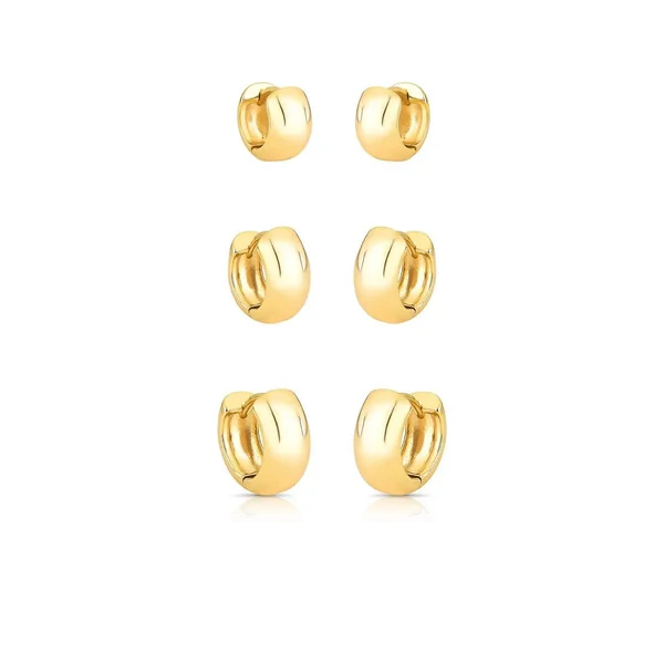 Brinco trio argolas douradas lisas com fecho click 7mm de espessura