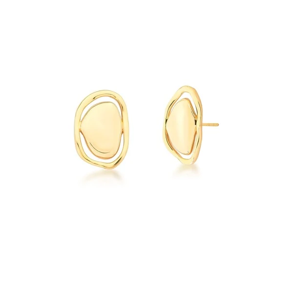 Brinco dourado oval, curvo vazado e liso