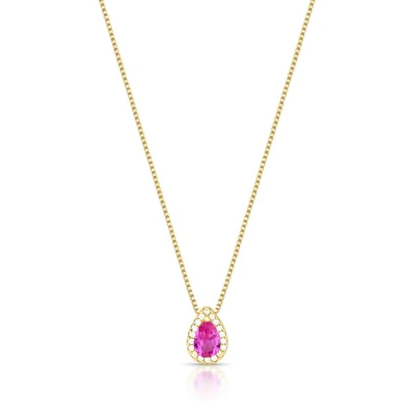 Colar dourado pingente gota rosa escuro com zircônia cristal entorno