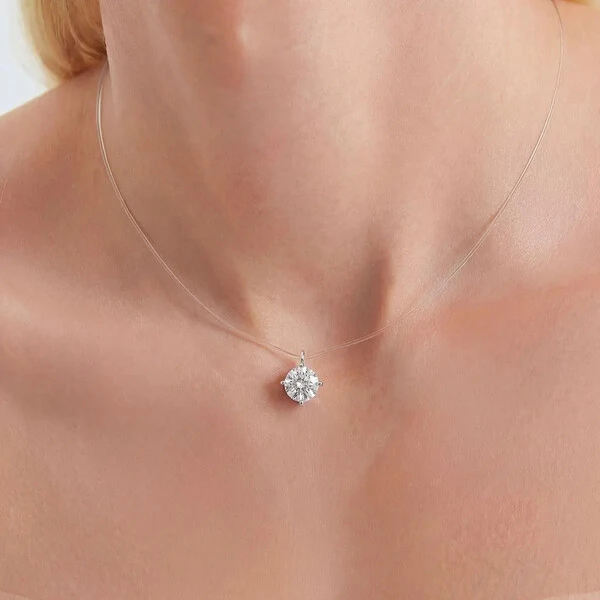 Colar choker prata 925 em nylon com cristal Moissanite redondo 6mm, 0,5quilates.