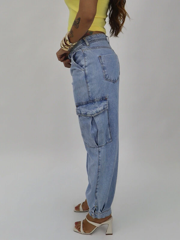 Calça Cós Alto Ampla Bolso Cargo