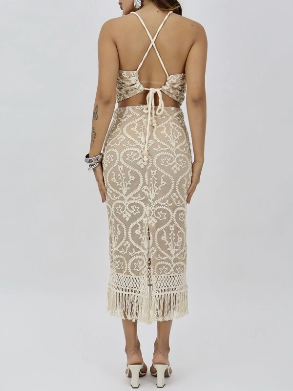 Saia Midi Feminina com Franja