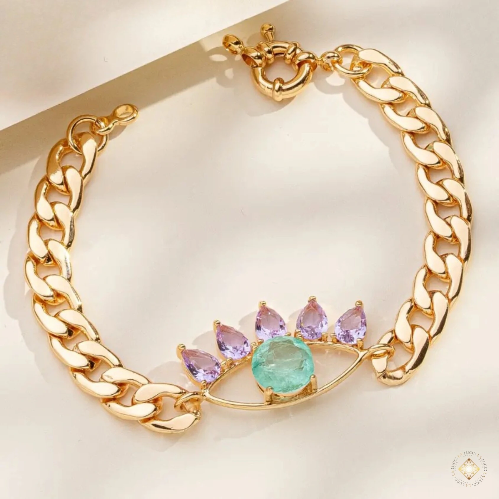 FotoPulseira Olho Grego Pedras Ametista e Verde Turmalina