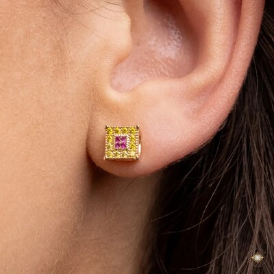 Foto Brinco Quadrado Cravejado Yellow e Pink