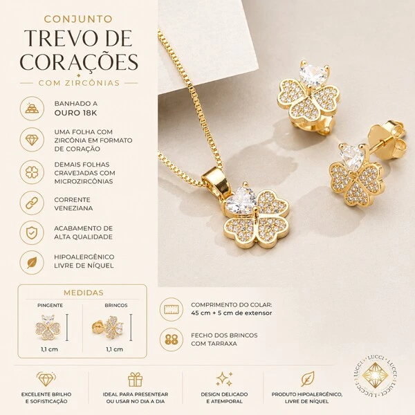 Conjunto Trevo de Quatro Folhas com Zircônias