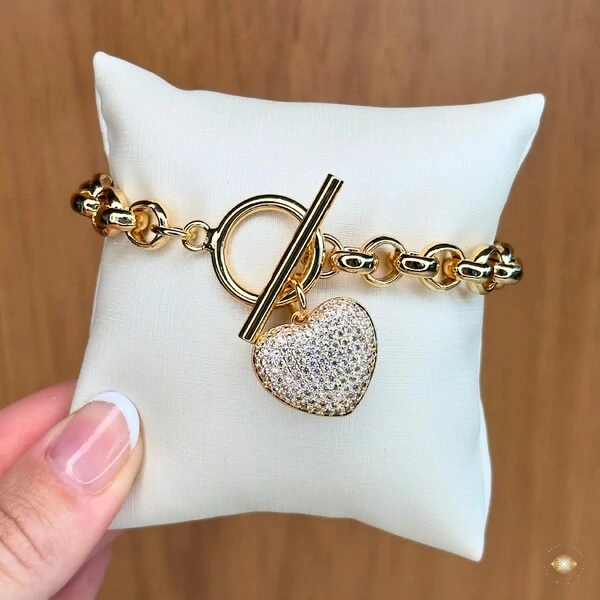 Pulseira Elo Português com Coração Cravejado