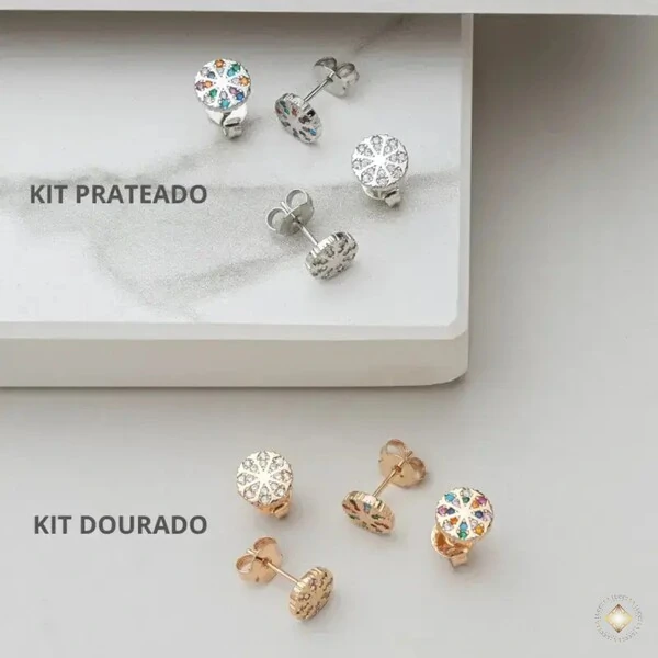 Kit Brincos Redondos Cravejados Duo Colors
