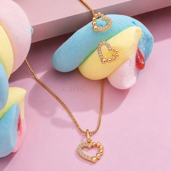 Conjunto Infantil Coração com Bolinhas e Zircônias