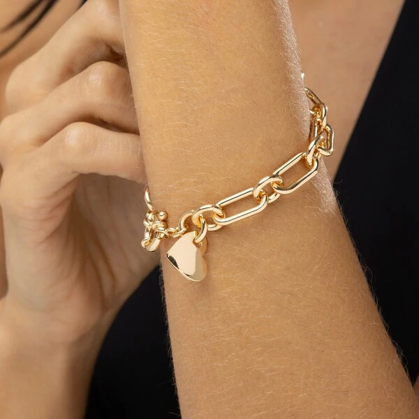 Pulseira de Elos com Pingente de Coração Liso