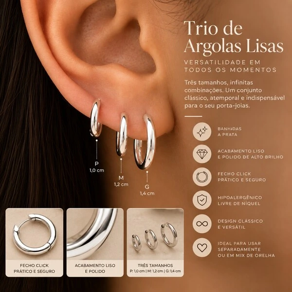 Trio de Argolas Lisas Prateadas