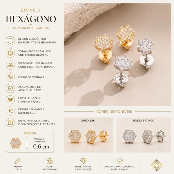 Brinco Hexágono Cravejado