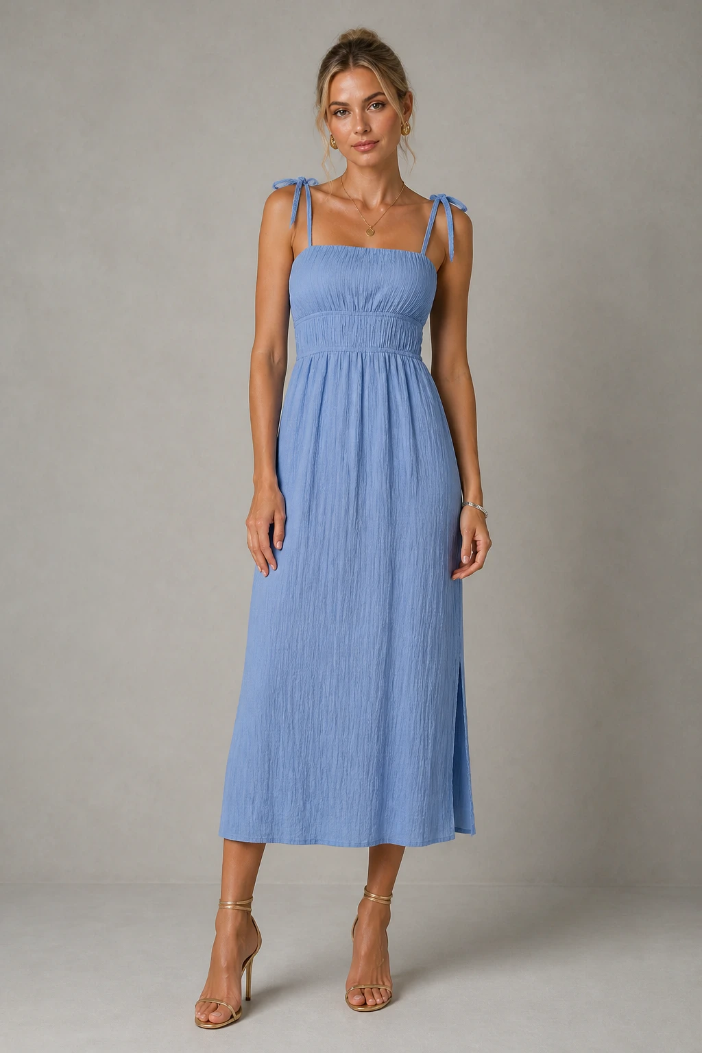 Foto Vestido midi elástico na cintura e alças