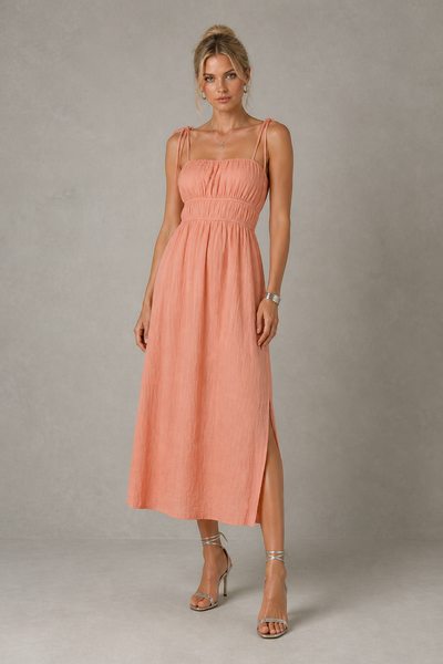 Foto Vestido midi elástico na cintura e alças