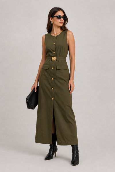 Foto Vestido midi em linho com fivela