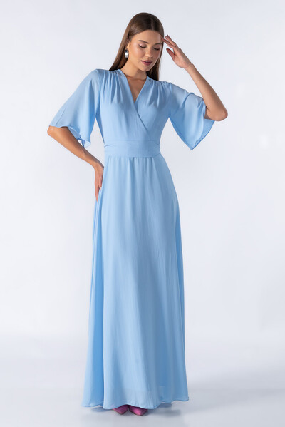 Foto Vestido longo manga curta decote em v com faixa