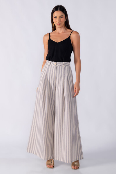 Foto Calça pantalona ampla linho listrada