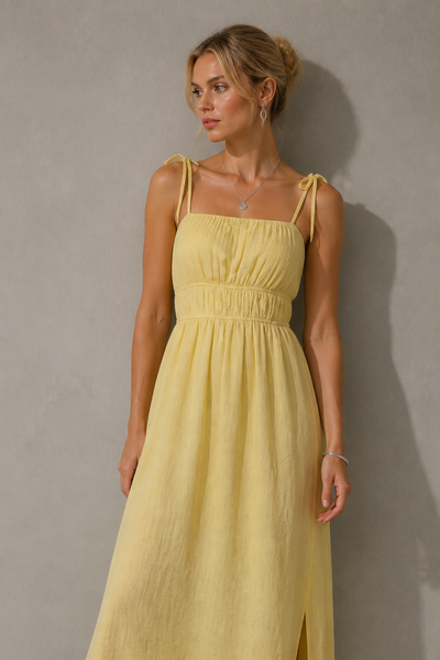 Foto Vestido midi elástico na cintura e alças