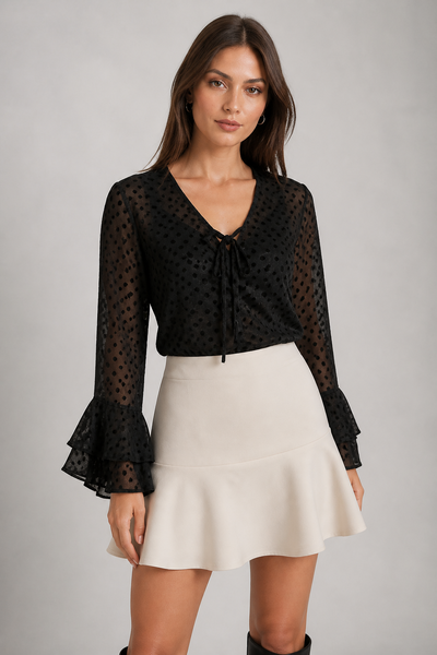 Foto Camisa chiffon manga longa babado