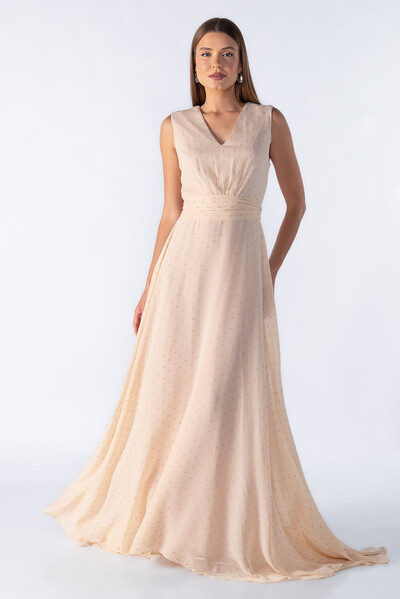 Foto Vestido longo decote em v com pregas