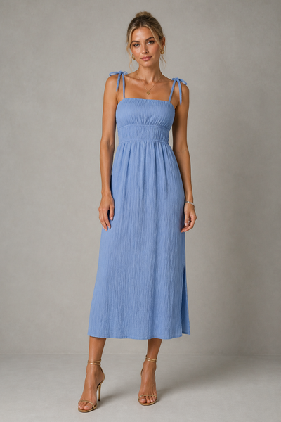 Foto Vestido midi elástico na cintura e alças