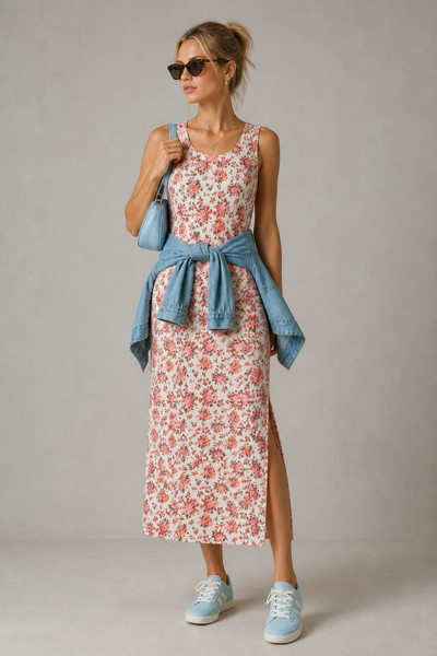 Foto Vestido longo canelado estampado