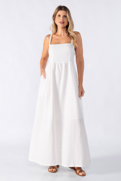 Foto Vestido longo com textura quadriculada e alca crochet