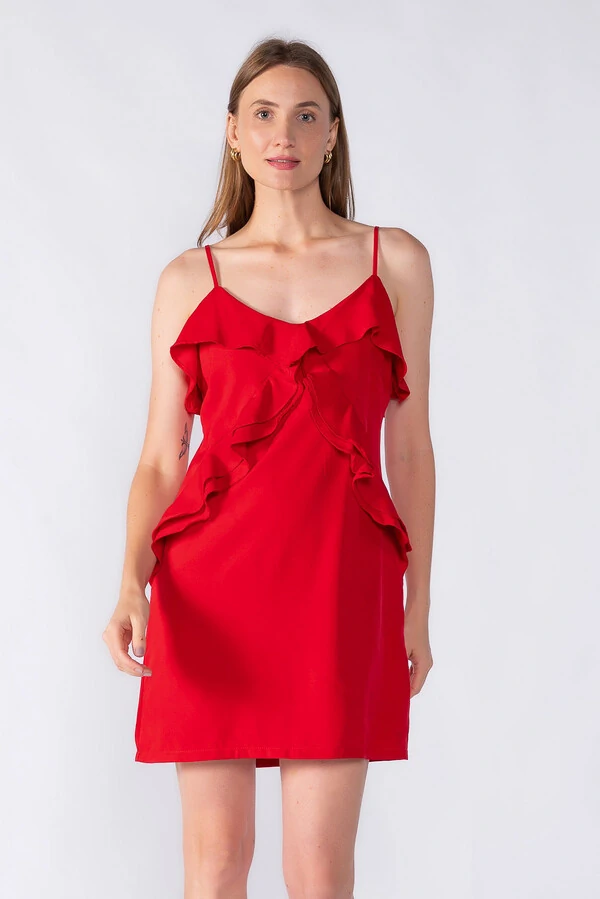 Vestido curto com babado no busto