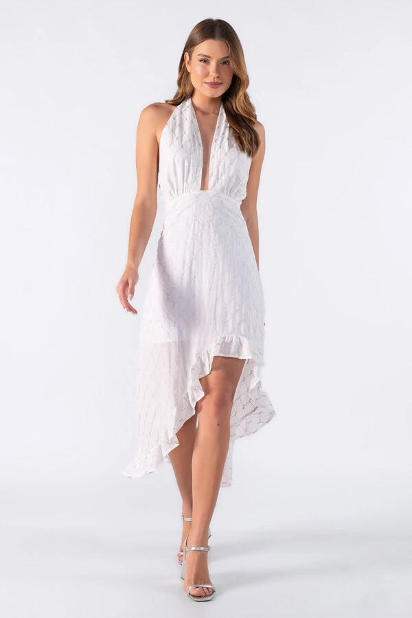 Vestido frente única com babado na barra