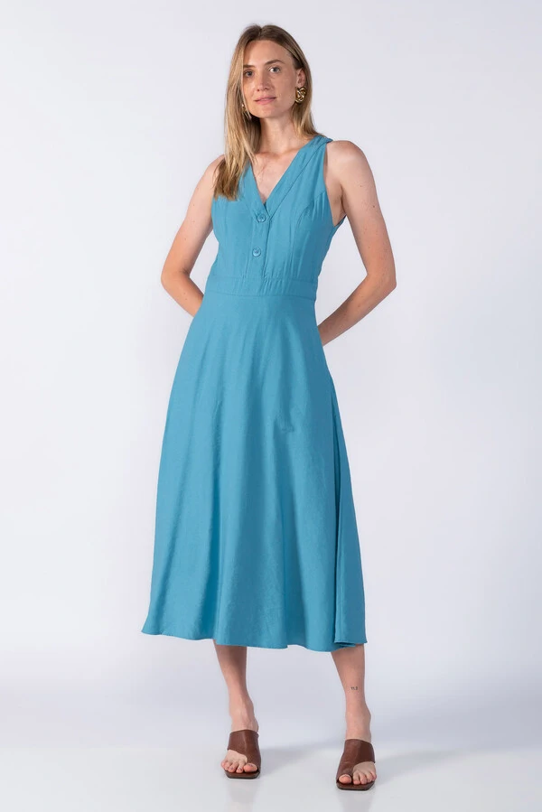 Vestido viscose decote V botões