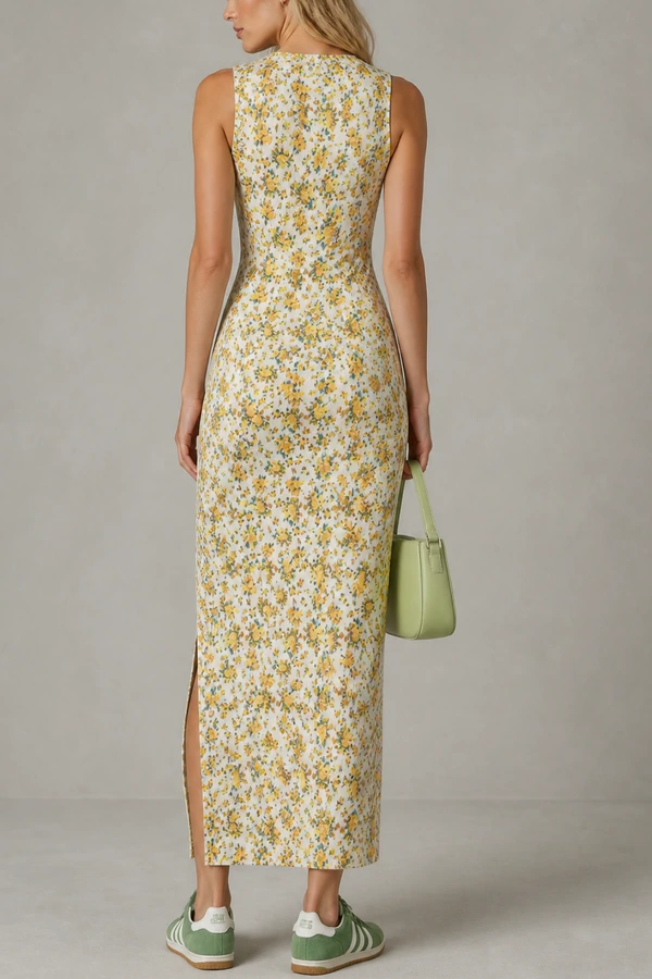 Vestido longo canelado estampado