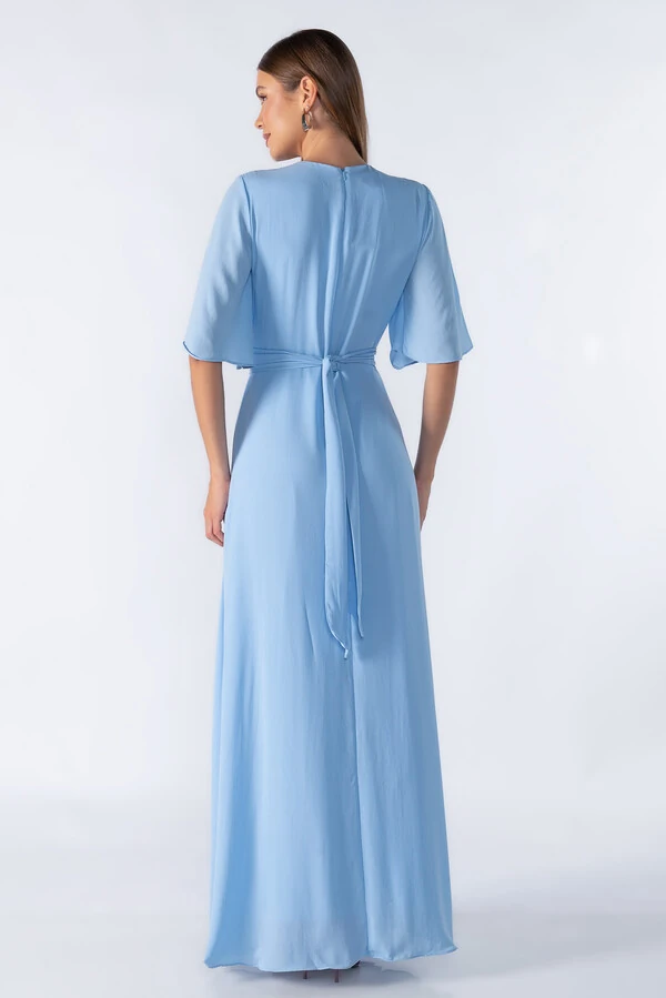 Vestido longo manga curta decote em v com faixa