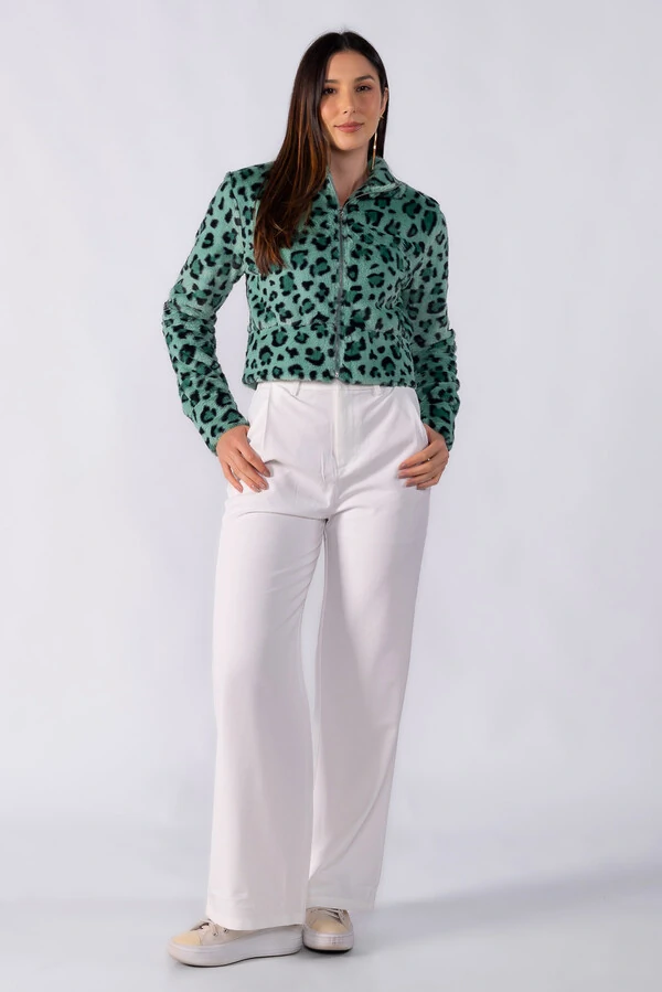 Casaco animal print curto ziper frontal