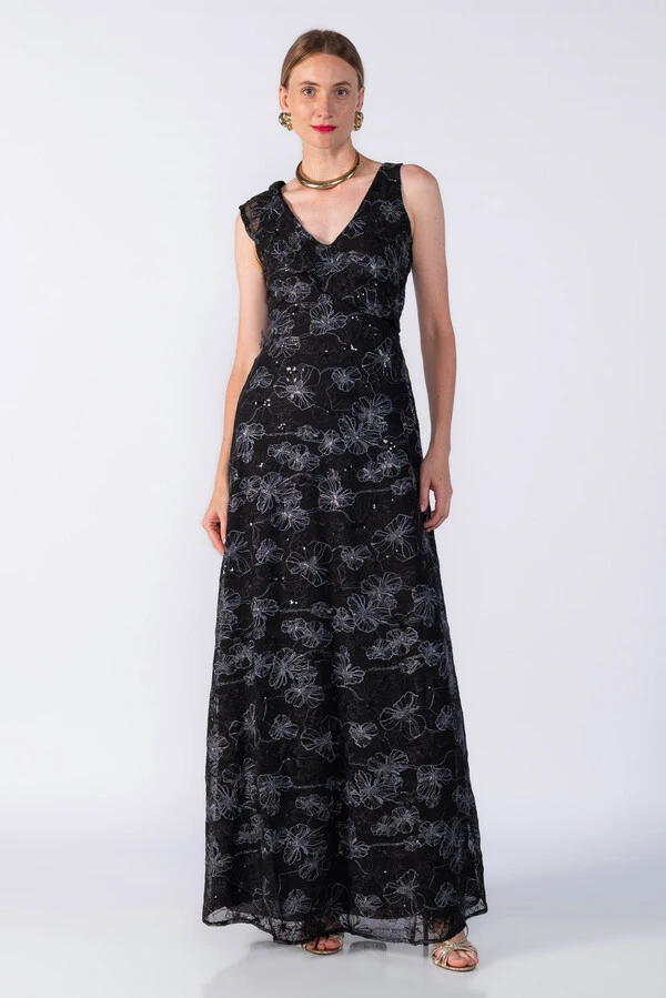 Vestido longo renda detalhe em paetê