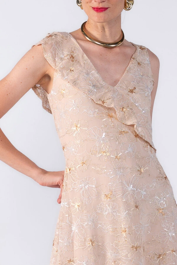 Vestido longo renda detalhe em paetê