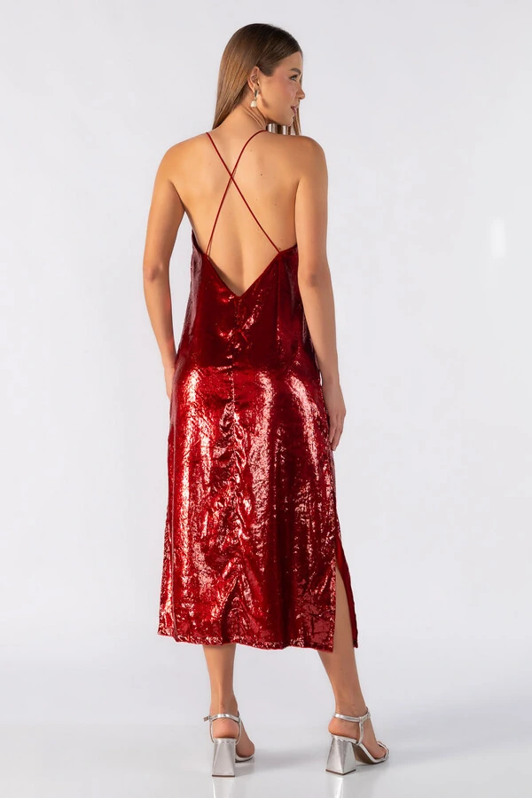 Vestido midi texturizado com brilhos