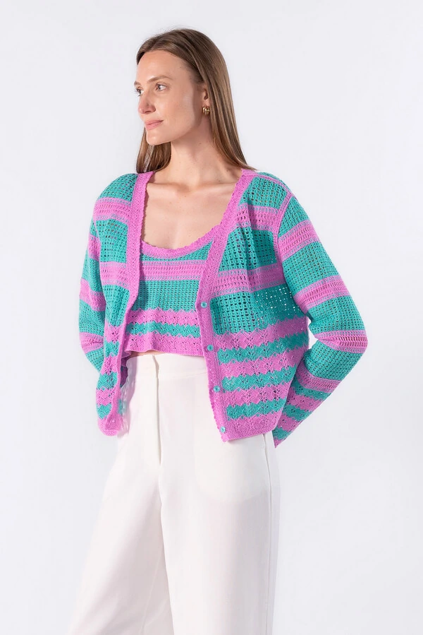 Cojunto casaco e top de tricot listrado