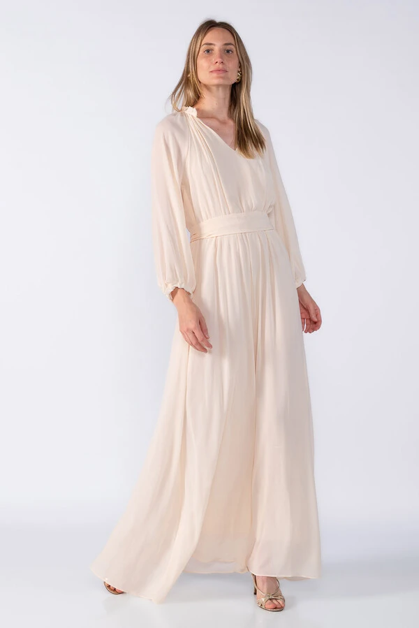 Vestido longo chiffon gola babado