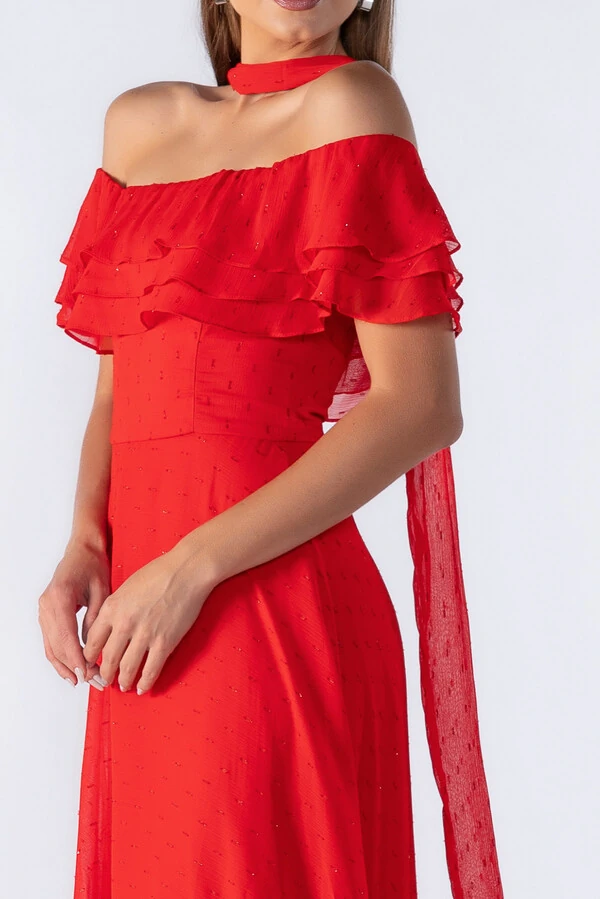 Vestido longo ombro a ombro com babados