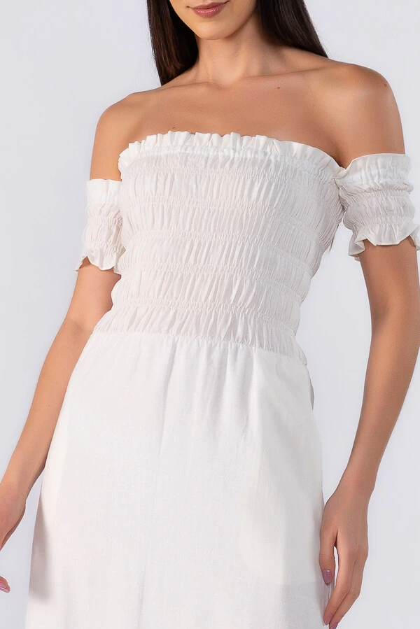 Vestido midi ombro a ombro em lastex