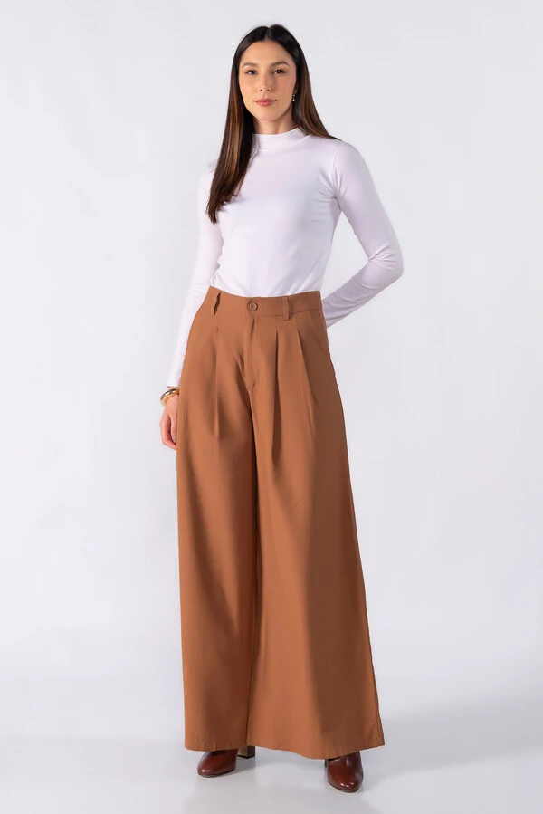 Pantalona com pregas frontal cintura alta