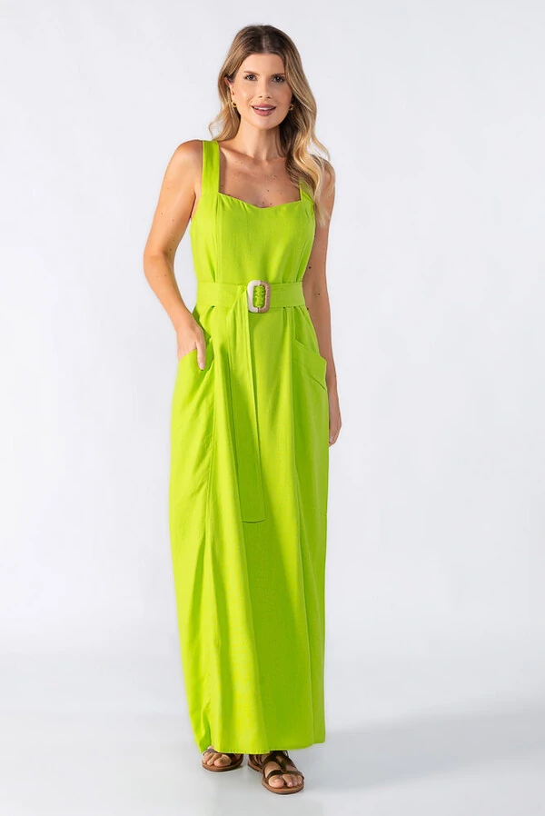 Vestido longo com bolso e cinto