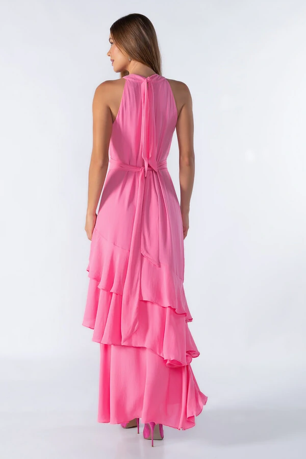Vestido crepe longo babados na barra