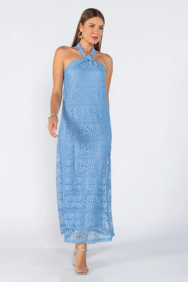Vestido longo rendado com amarracao