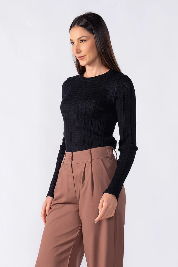 Blusa basica texturizada manga longa