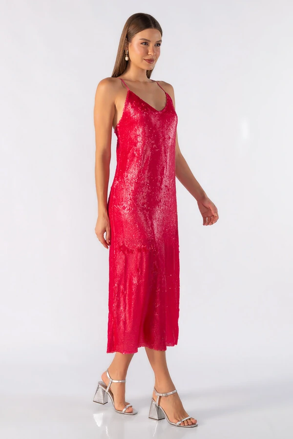 Vestido midi em paete frente unica