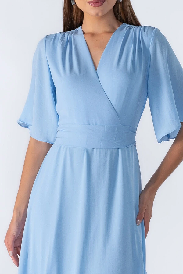 Vestido longo manga curta decote em v com faixa