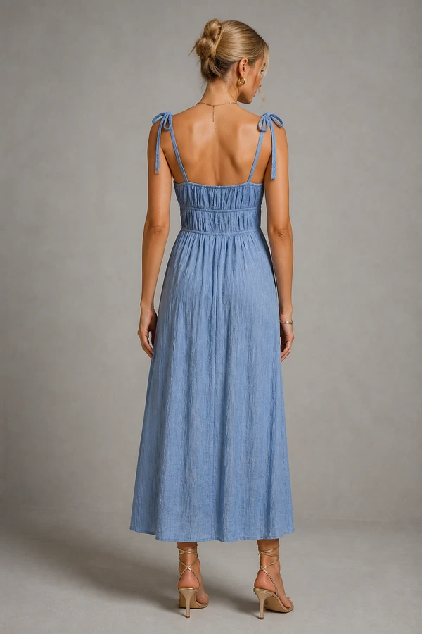 Vestido midi elástico na cintura e alças