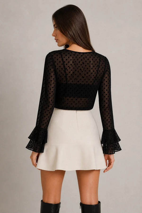 Camisa chiffon manga longa babado