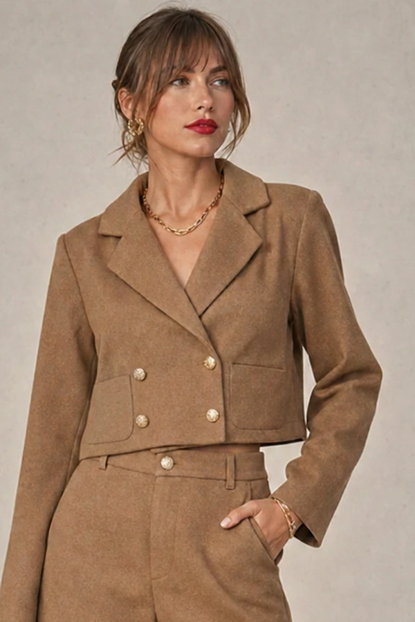 Conjunto blazer cropped e shorts em lã batida