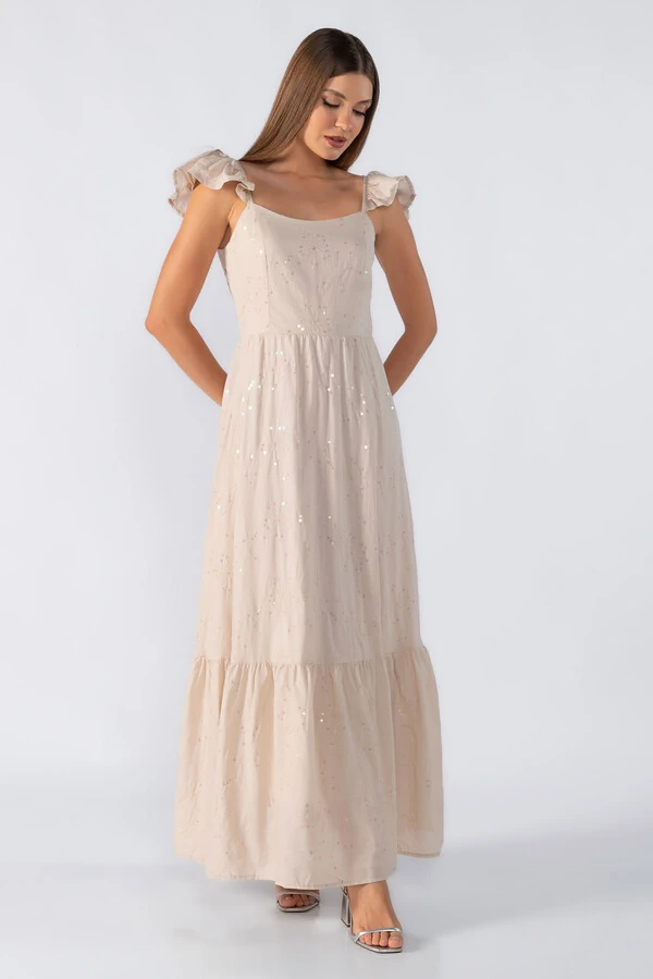 Vestido longo babados na alça